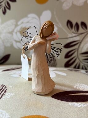 Willow Tree Natural Wood Angel Figurine with Black Wire Wings Thinking of you
